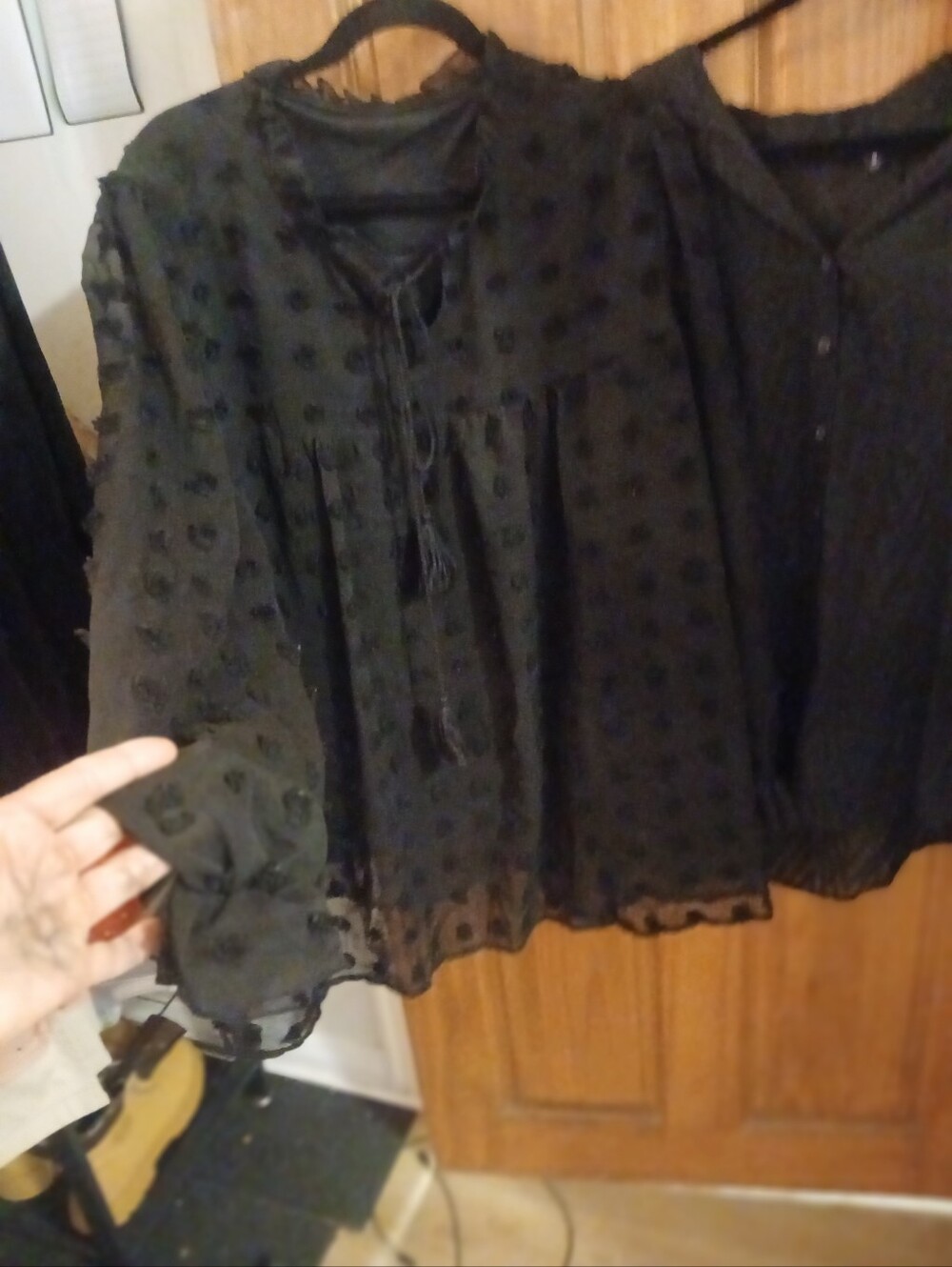 Sheer Dot-Textured Tie-Neck Blouse - Black